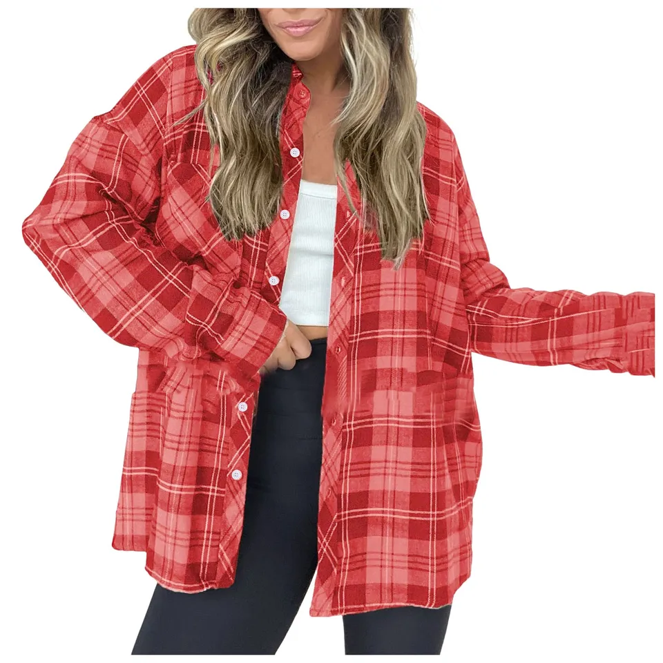 Ženy v krku tričko s kabátmi ľahké flanel Plaid Plaid Down Down Down Tritle Nadmerná košeľa s dlhým rukávom, mladistvé ženy oblečenie