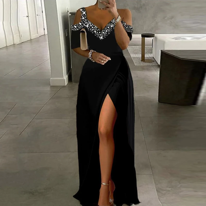 Ženy v krku z ramena dlhé šaty letné dutiny out out lebkované patchworkové šaty elegantné vysoký pás spli štíhle večerné šaty