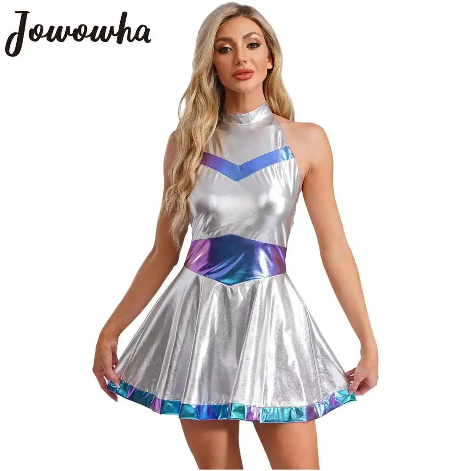 Ženy vesmírna astronaut cudzí robot cosplay kostým kovový lesklý halebný krk maini mini šaty Halloween téma Clubwear Clubwear