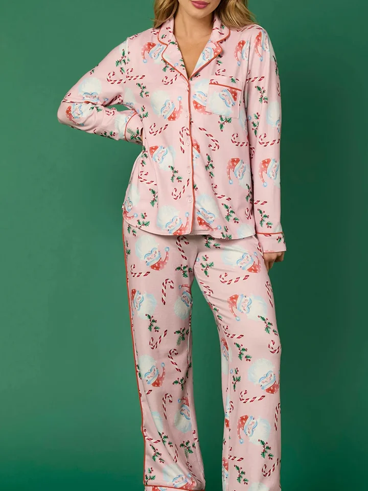 Ženy vianočné pyžamy set santa guľôčkovej tlač dlhých rukávov a elastické nohavice Soft Sleewear Loungewear