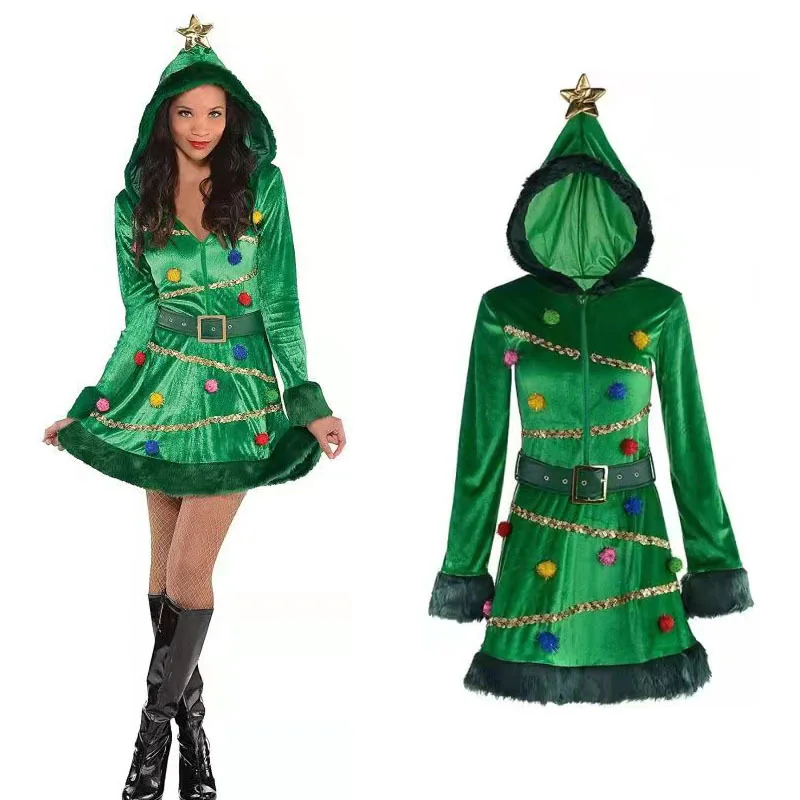 Ženy vianočný stromček šaty zamatové zimné teplé s kapucňou Flicin Fancy kostým s opaskom pom-pom-pominu vianočné kostýmy Cosplay kostýmy šaty