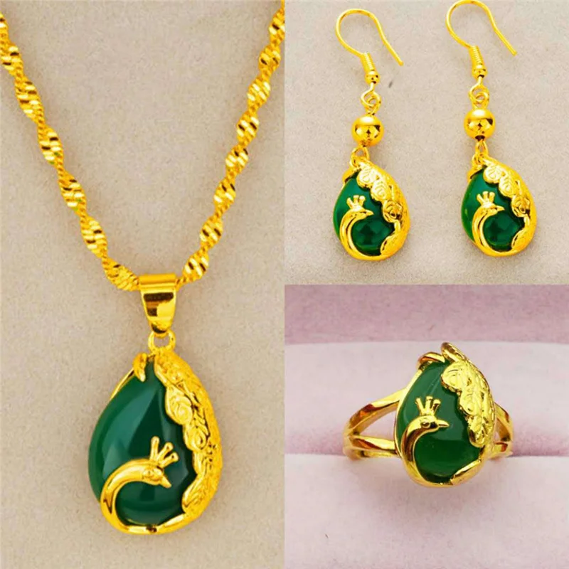 Ženy Vietnam Zlato Plnené šperky súpravy Páv Opal Charm Svadobná strana 24k zlatá farba mosadzne Prstene náušnice Náhrdepy Darčeky