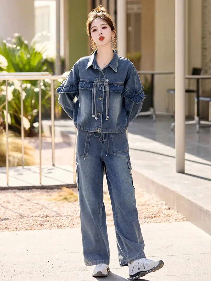 Ženy vintage džínsy Dvojdielne sada 2024 Jarná jeseň Nová ženská kovbojská bunda+široké nohavice Denim oblek veľké veľkosti 2 kusové súpravy