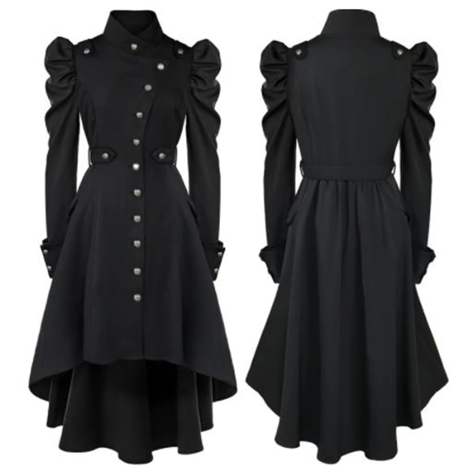 Ženy vintage gombíky Up Dress Puff Ruckves Steampunk Cosplay Jakcet Slim Fit retro Lady Long viktoriánsky gotický kostým Halloween