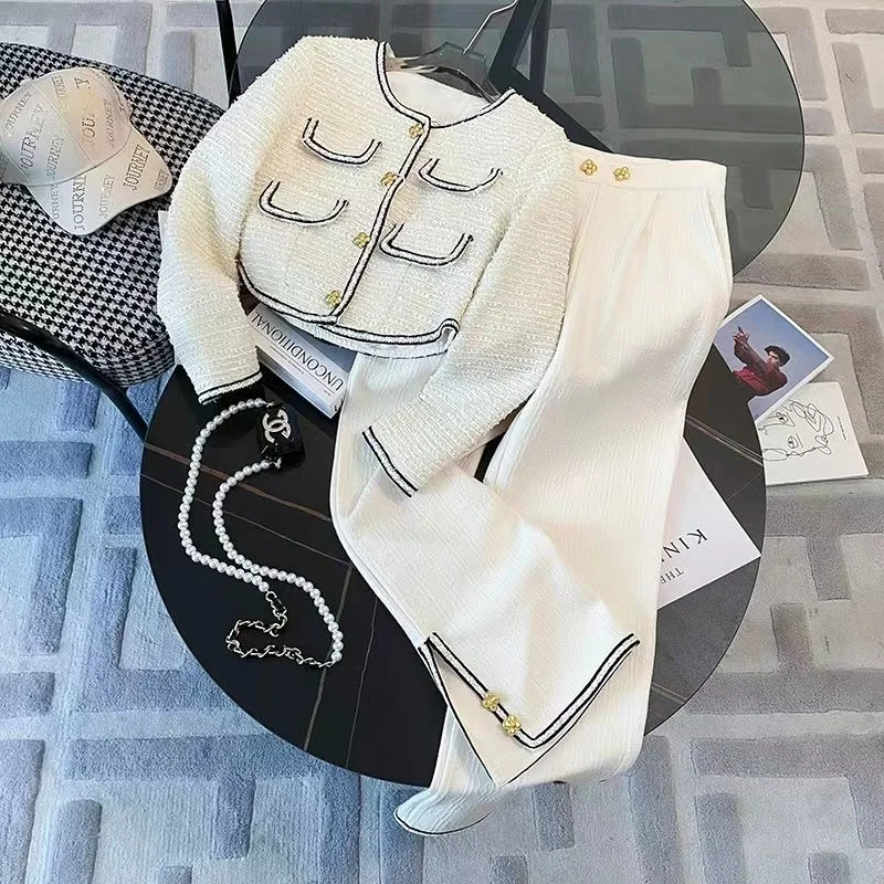 Ženy vintage jacquard elegantný oblek Jacke Coat Top a dlhé nohavice dva kusové súprava zodpovedajúce oblečenie Žena tvíd voňavá biela látka