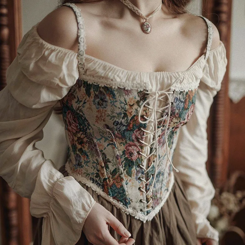 Ženy vintage kvetinová tlačová vesta sexy bodycon čln krk Jacquard Camisole Founce nepravidelný korzet v susedstve