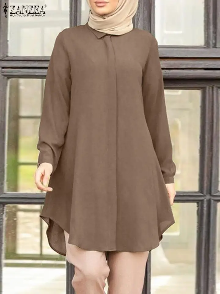 Ženy vintage moslimská blúzka zanzea jarné elegantné s dlhým rukávom masívne tričko morčacie topánky abaya marokain blusas iziamické oblečenie