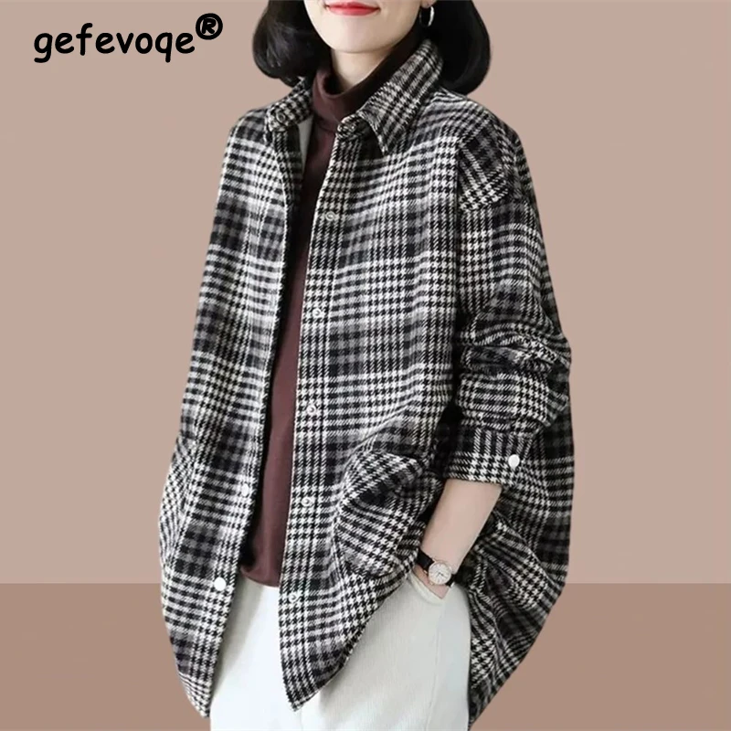 Ženy Vintage Plaid Oversed Streetwear Husté košele Jeseň Zimná zimná ležérna klopová bunda s dlhým rukávom Y2K Ženské bavlnené tuniky