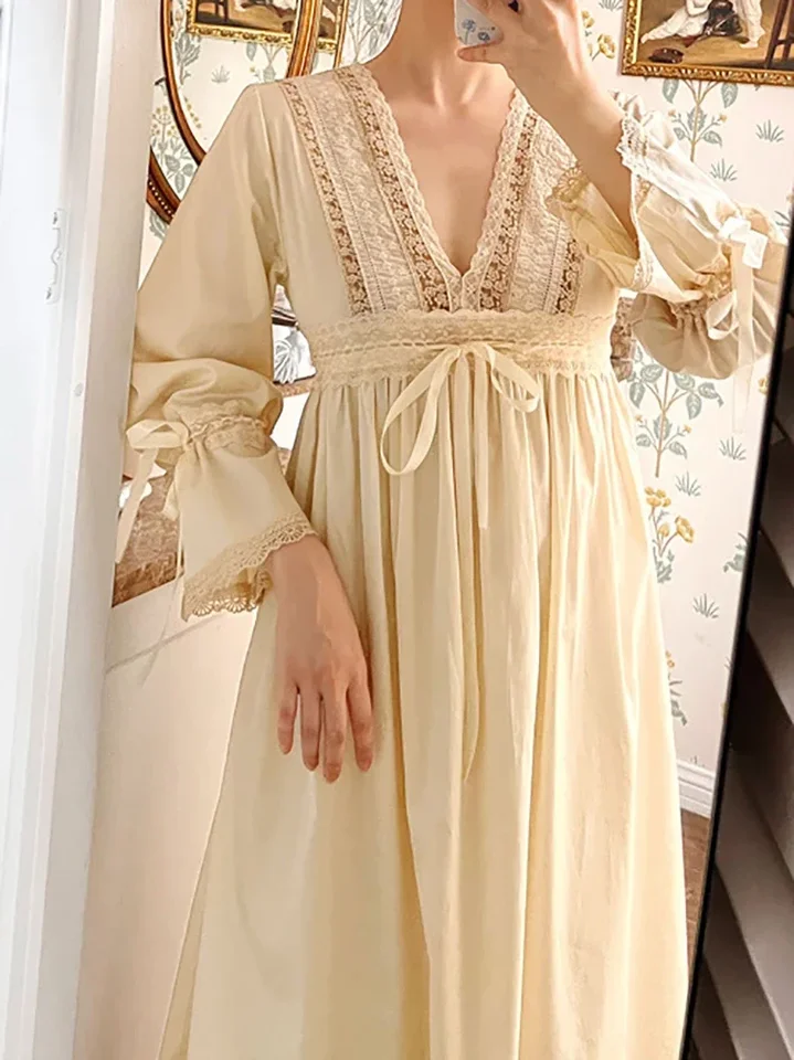 Ženy vintage princezná nočné šaty jar jeseň na jeseň Pure Cotton V-Neck Ruffles Lace-up viktoriánska víla spánok