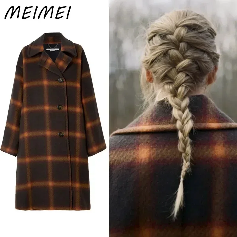 Ženy vintage v krk s jedným prsiami s dlhým rukávom Plaid Coats Autund Zimná zimná elegantná kabát móda Móda teplá voľná kabáta