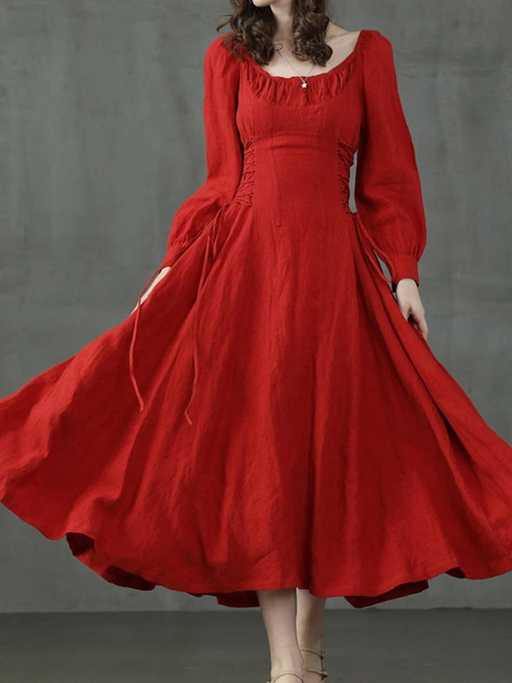 Ženy vintage červené červené šaty jesenné elegantné elegantné dlhé rukávy s vysokým pásom šnurované pevné farby a lemované dlhé šaty na svadobnú hostinu