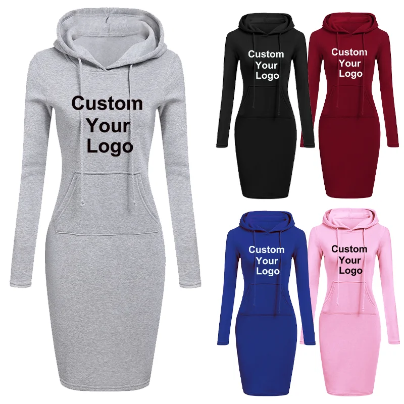 Ženy Vlastné vaše logo mikiny šaty mikina pullover šaty jesenné zimné zimné rukávy Slim vrecká mikiny šaty