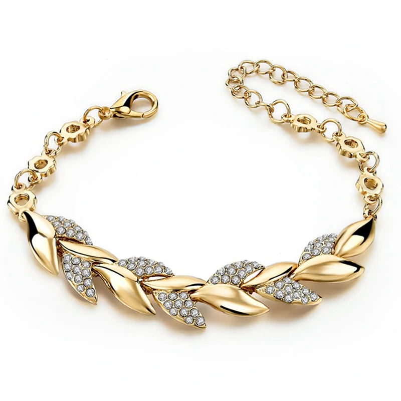 Ženy vykladané Crystal Gold Color Leaf Náramok Trendy nevesty Svadobné šperky