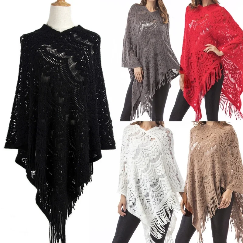Ženy vypustené háčkované sveter Cape Pullover pletená šál šál Tassel Poncho