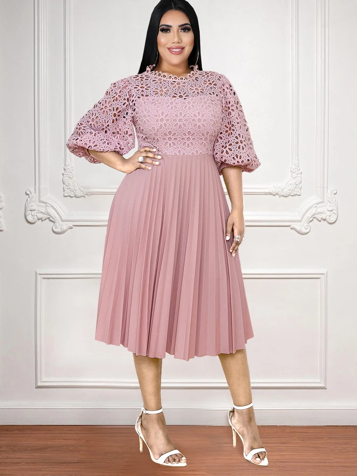 Ženy Vysoko kvalitné elegantné čipkové šaty Puff Ruckve Midi Skladané A-line večerné párty narodeninové kostoly Outfit Plus Vestido New