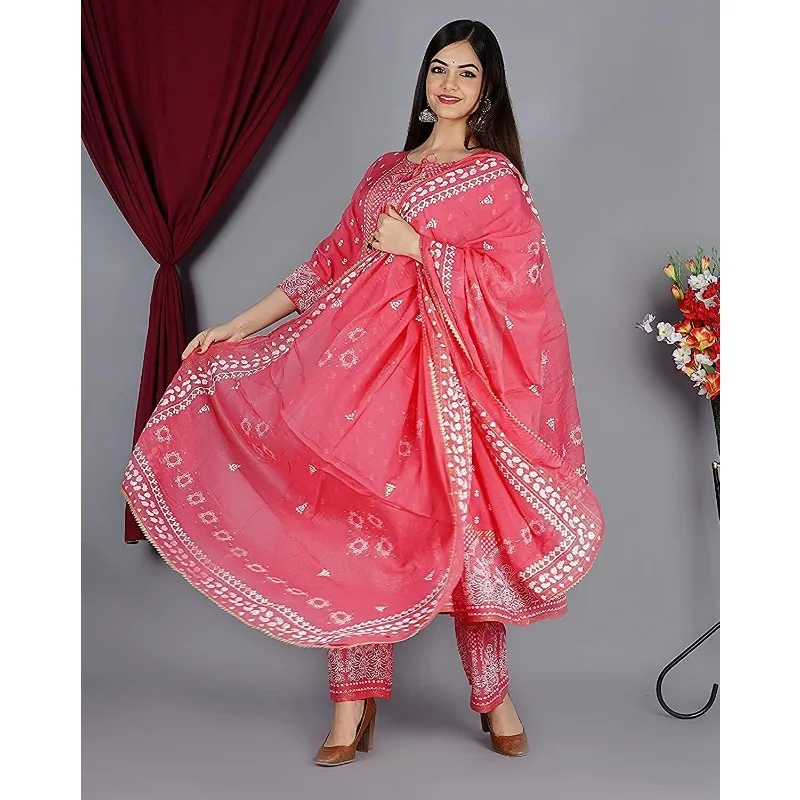 Ženy vytlačené ružové anarkali kurti plazo s dupattou Indian Salwar Kameez set