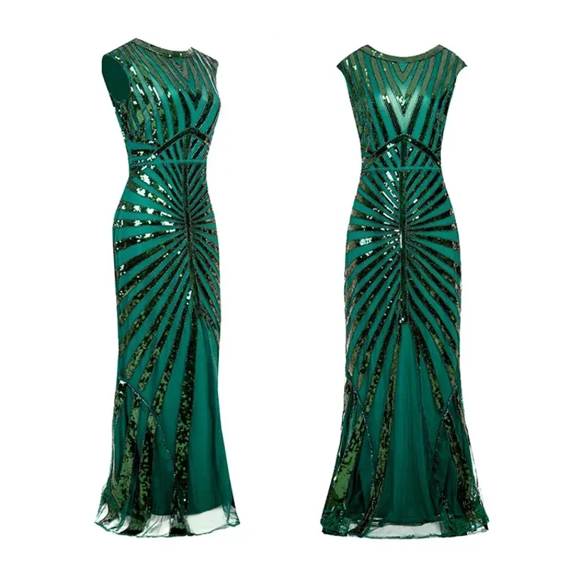 Ženy z 1920. Great Gatsby Dress Long 20s 30s Flapper Vintage O Neck Sleepveless bez backless maxi párty pre plesový koktail mn4