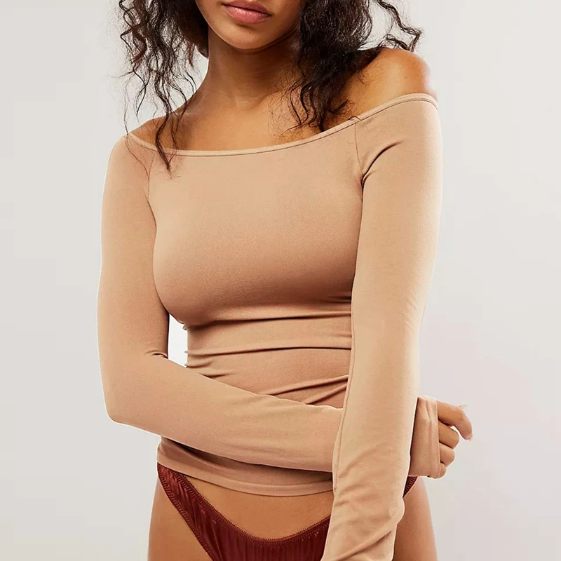 Ženy z plodín na ramenách Tops Autumn Spring dlhý rukáv Slid Color Slim Fit Tričká Elegantné módne ležérne základné odpaliská oblečenie