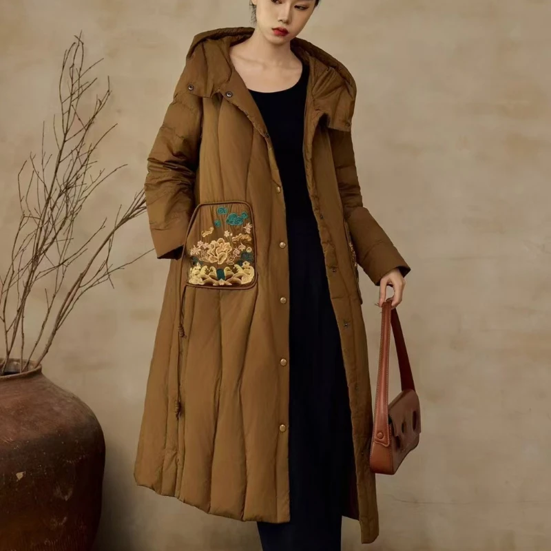 Ženy zimné bundy dlho dole kabáty čínsky štýl výšivok retro gombíky parka Windproof Zhruba teplé ženské ženské dole bundy