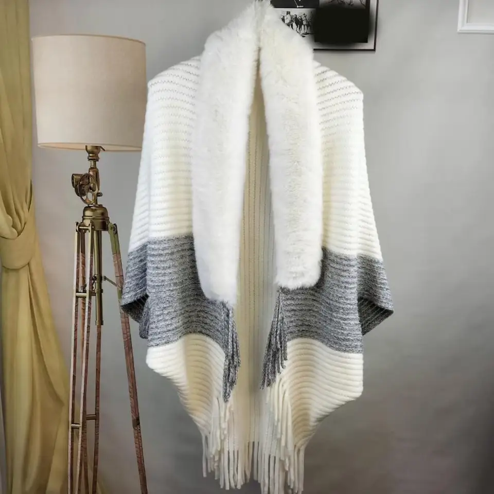 Ženy zimné šatky hrubé pletené plyšové strapce s otvoreným stehom Cardigan masívne farebné krk faux kožušina Ponchos Party Prom Cape