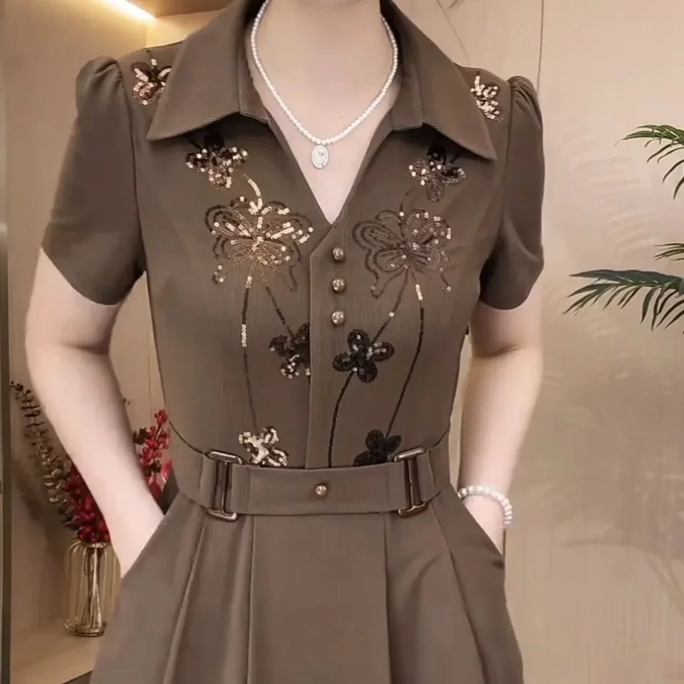Ženy západný štýl šaty letná jar novú módu High-end Flitry dlhé šaty stredného veku Matka elegantná štíhla Vestidos Mujer