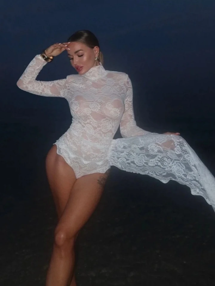 Ženy Čierne biele vysoké krk Bodysuve s dlhým rukávom Sexy kvetinové čipkované záhyby Dizajn BodySuit Celebrity Party Evening Outfits