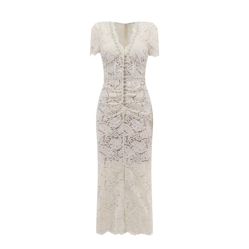 Ženy čipky midi svadobné družičky šaty letné dovolenku s krátkym rukávom kvetinové výšivky V krk korálky korálky Diamonds béžové vestido