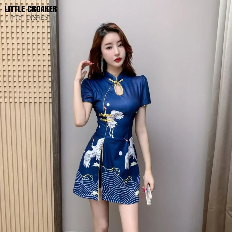 Ženy čínsky štýl retro vylepšené temperamentné tlač Cheongsam Moderné šaty modré čínske šaty qipao pre ženy