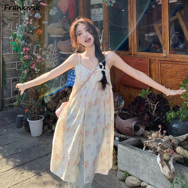 Ženy šaty kvetinové jemné bez rukávov Dutlow Out Single Breast Lace Summer Prairie Chic Ins Korean Holiday Sleouchy Populárne
