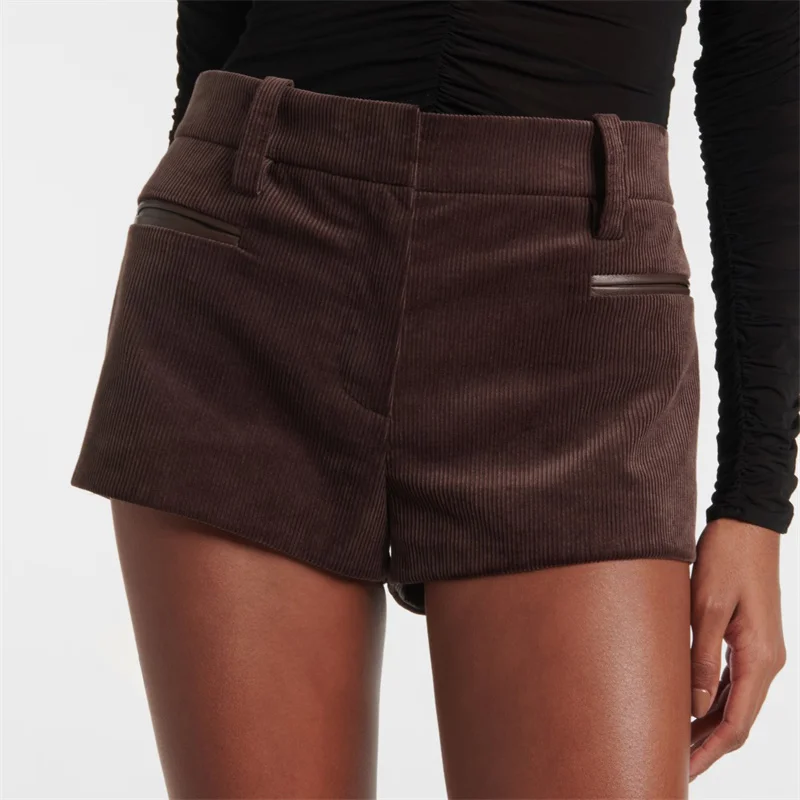 Ženy Šortky nové vo vysokom páse Slim Fit Corduroy Mini nohavice na jar 2025 Módne kožené patchworky Dámske nohavice šortky y2k