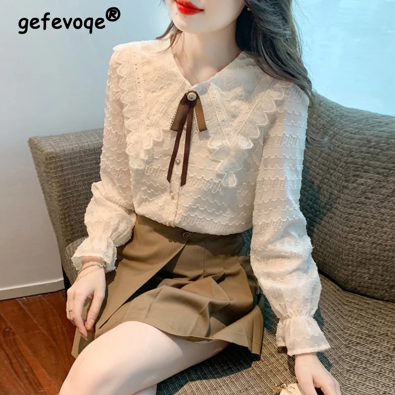 Ženy štýlové vintage čipky Patchwork Sladké košele Elegantné elegantné luk Solid blúzky Jeseň Zimná zimná zimná príležitostná letovná fleece vrcholy