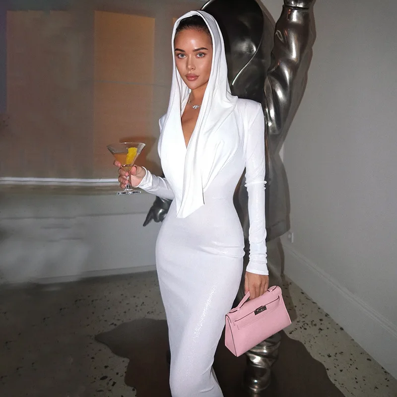 Ženy šumivé biele kapucne maxi šaty sexy hojdací golier s plným rukávom Bodycon Dlhé večerné párty šaty Clubwear Rúch