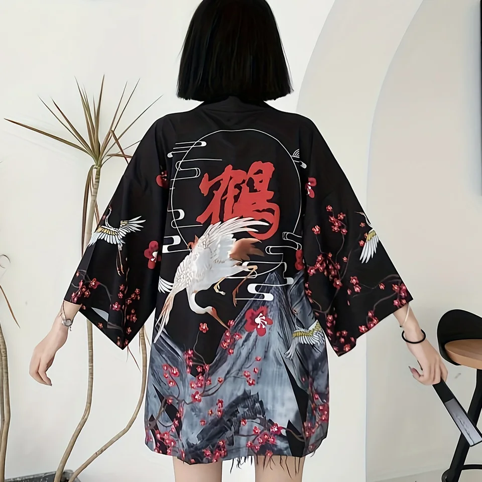 Žeriavový vzor Kimono 3D tlačový proces Cardigan 2024 Letná móda nová vysoko kvalitná tkanina mäkká pokožka voľná a pohodlná