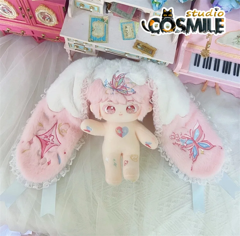 Žiadne atribúty ružové veľké uši králiky Bunny Monster Lace Lace Bow Fľdy plyšové 20 cm plyšové bábiky Anime darček rui kk