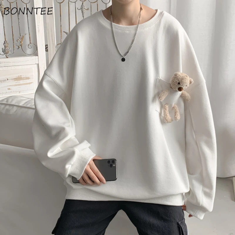 Žiadne klobúk mikiny muži Patchwork medvedí medvedí roztomilý okrúhly krk Mäkké páry Mikiny s dlhým rukávom Kórejský štýl All-Match Autumn Chic Chic
