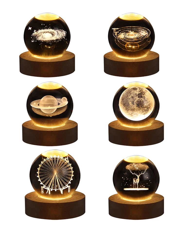 Žiariaca planéta Crystal Ball Nočné svetlá USB Power Warm lôžko Svetlo vianočné globe stolová lampa s drevenou základňou