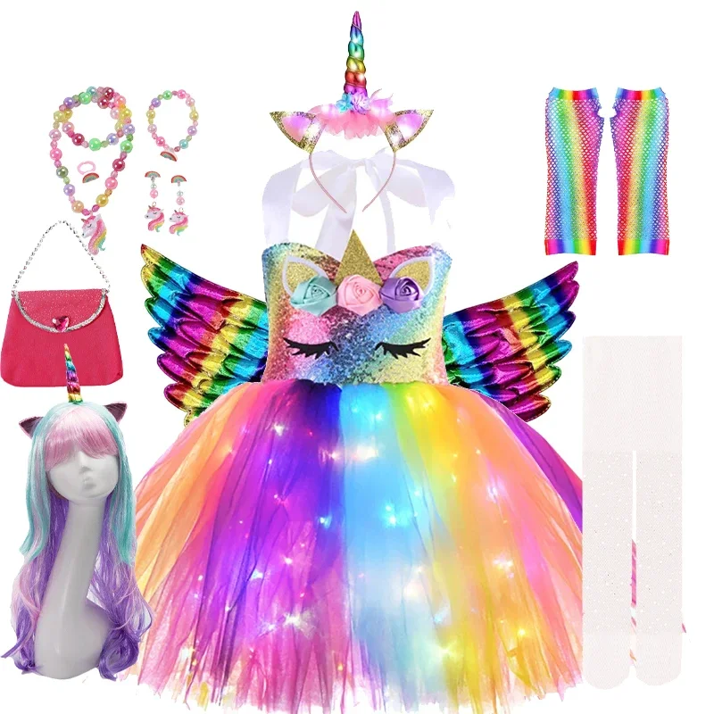 Žiariace jednorožec Dievčatá Halloween Fantasy Cosplay oblečenie Summer Kids Dúha pras Tutu detský flitrový kvetina