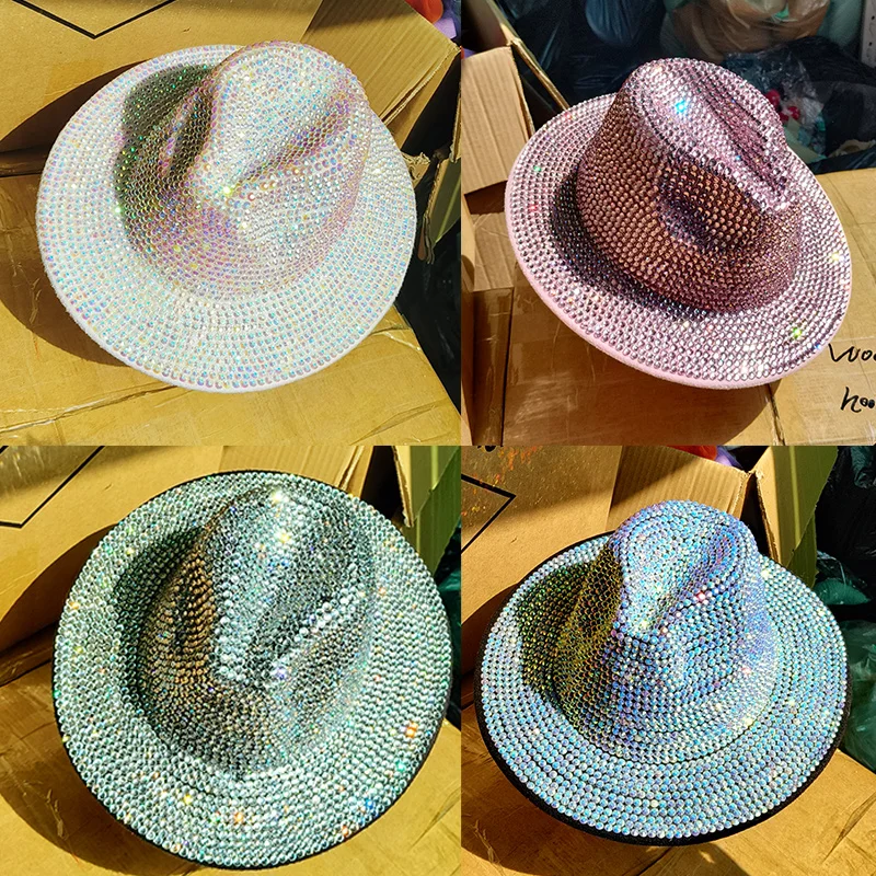 Žiariace kamienky fedoras jazzové klobúky pre mužov a ženy módne diamanty fedoras pódium banketové čiapky večierok klobúk whosale шапка