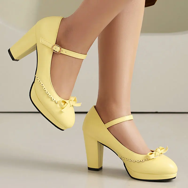 Žiarivo žltá zelená skriňa sladká lolita dámske čerpadlá s Bowtie BroGue Design Platform Hustý blok vysoké podpätky Mary Janes topánky