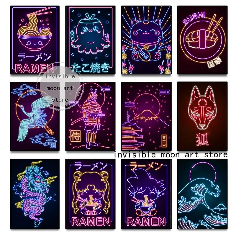 Žiarivý neón japonský chobotnica s hory fuji sakura strom ramen a maneki mačka umenia plagát maľba maľba nástenná tlač