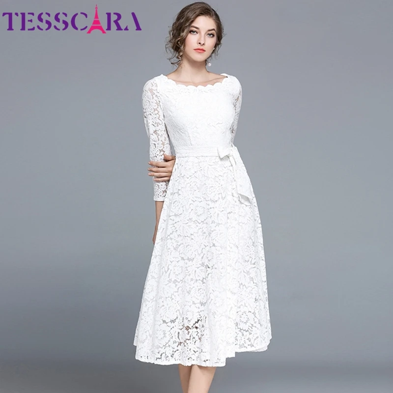 Žien Tesscara jarné elegantné dlhé biele čipkované šaty ženské svadobné kokteilové rúcho vysoko kvalitné vinobranie dizajnér Vestidos