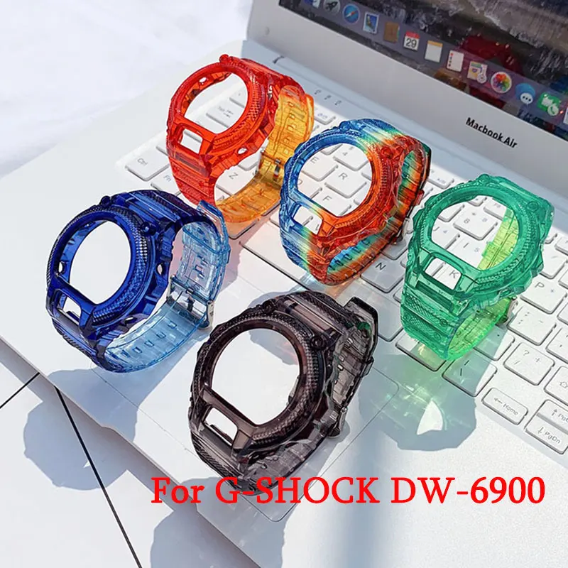 Živníkový remienok + puzdro pre Casio G-Shock DW-6900 Náramok zápästia Wround Waterplofful Watchband Transparent TPU pásmo pre DW6900