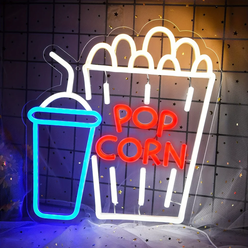 Život Popcorn Neon Sign - Colorful Cinema Wall Decotion Idem pre filmovú miestnosť, bar, párty a darčekové nápady