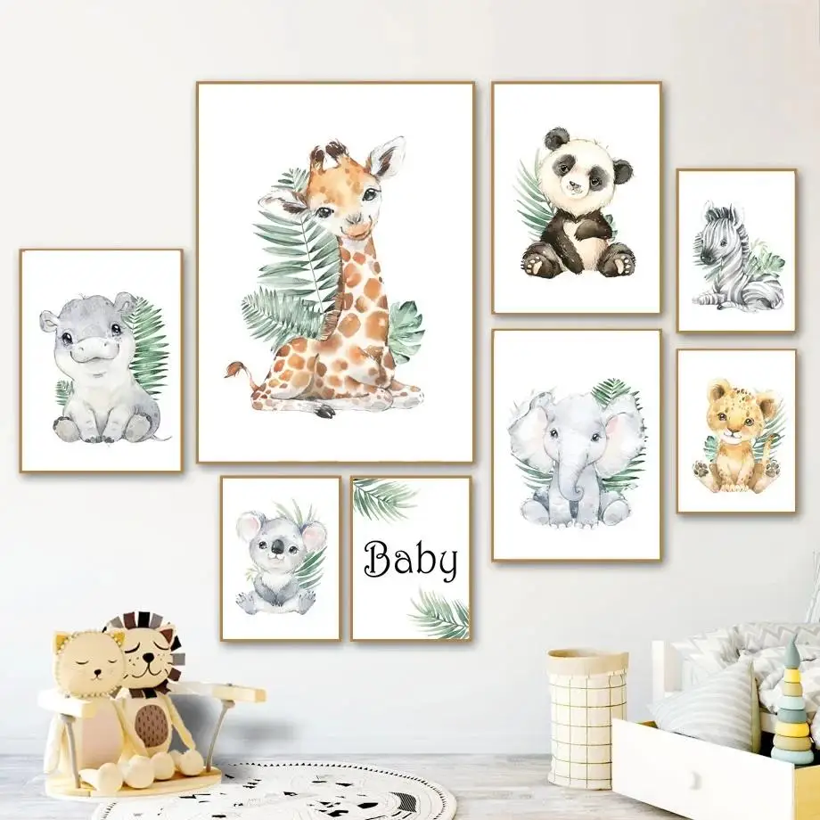 Živá karikatúra Safari Zvieratá plátno Tlač leva Zebra Hippo Deer Listy Elephant Perfektné pre detskú izbu Denná starostlivosť Denná starostlivosť D stena D D