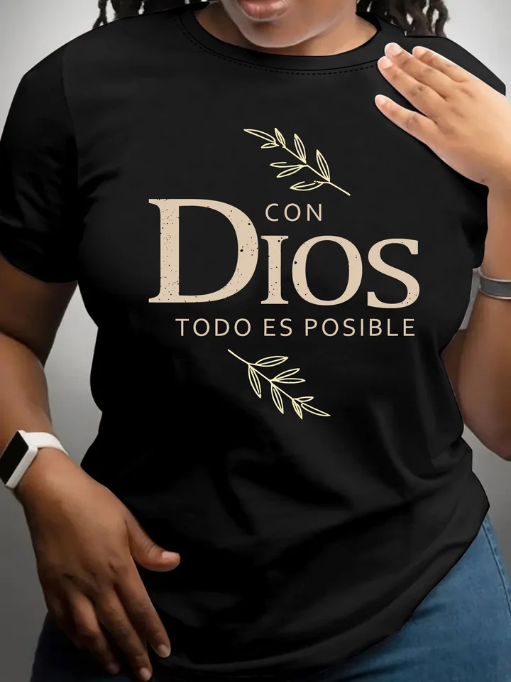 Živé inšpiratívne citát TEE - Mäkký polyester, krátky rukáv, neformálny okrúhly krk, pletená látka, čierna, jarná/letná móda