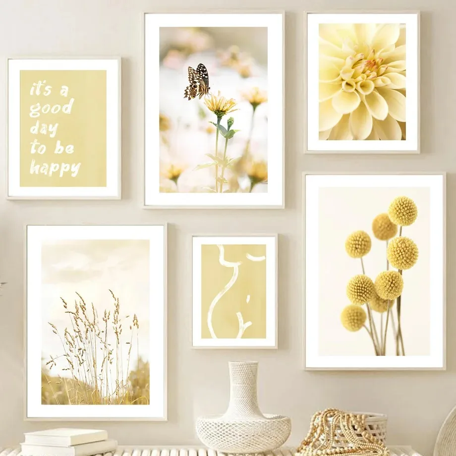 Žltá dahlia slnečnica orchidea motýľa béžová nástenná múčka maľba maľba Nordické plagáty a výtlačky Obrázky pre dekoráciu obývacej izby