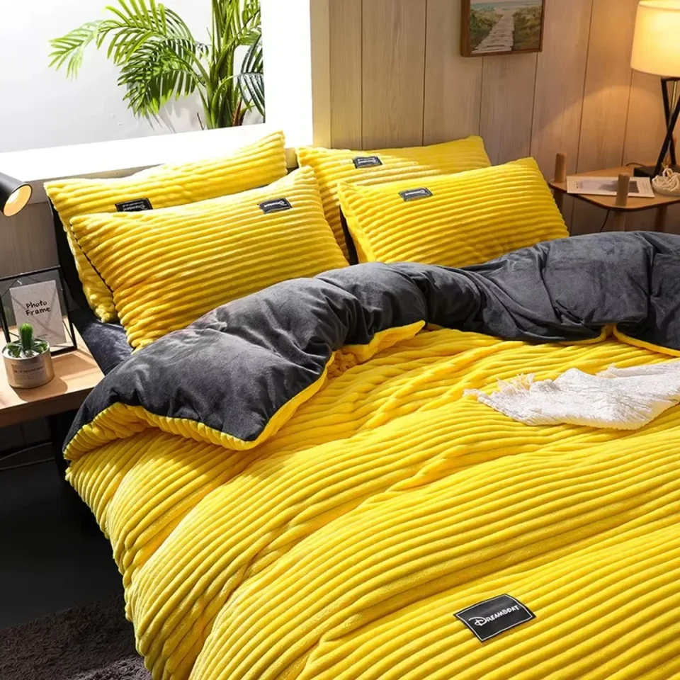 Žltá farba zamatovú obliečku zimné teplé teplé podstielku sada dvojitých prikrývok Twin Queen King pokrývka pokrývky 200 × 230 cm