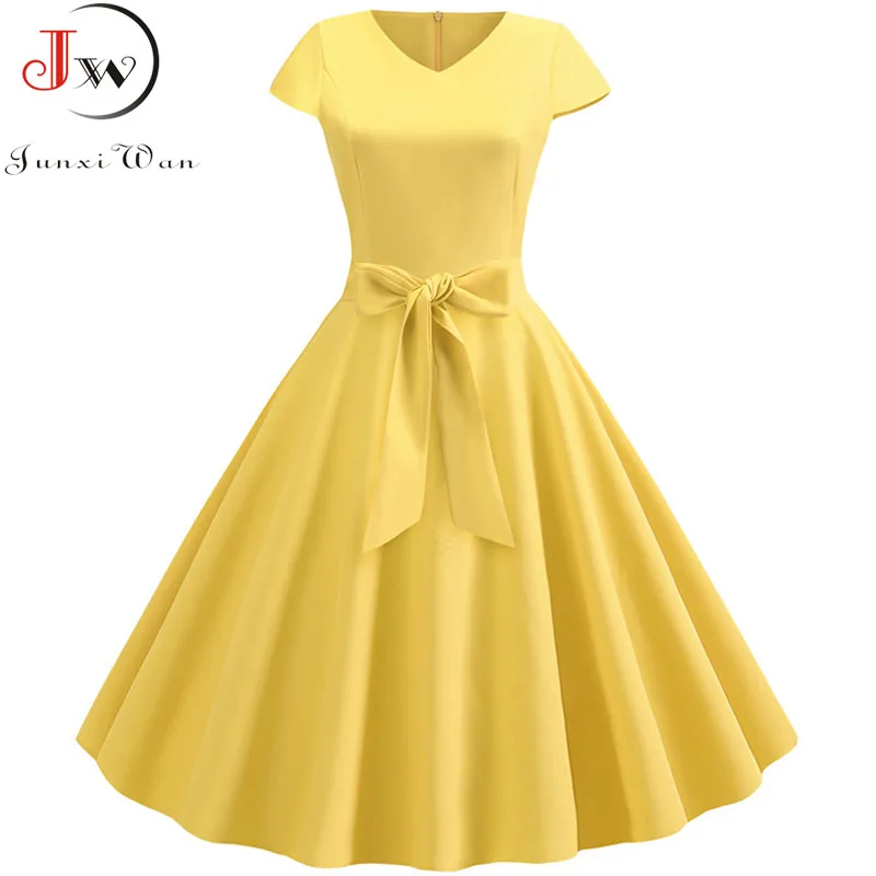 Žltá plná farba letné šaty vintage ženy hojdacie šaty rockabilly šaty rúcho femme elegantné príležitostné večierky midi Vestidos