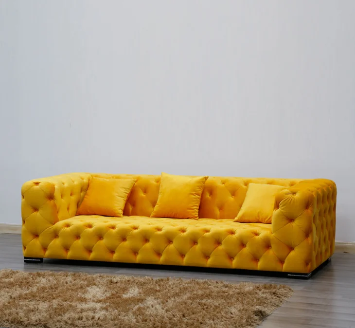 Žltá zamatová pohovka Chesterfield Sofa 3 pre domáci nábytok žltá pohovka Chesterfield