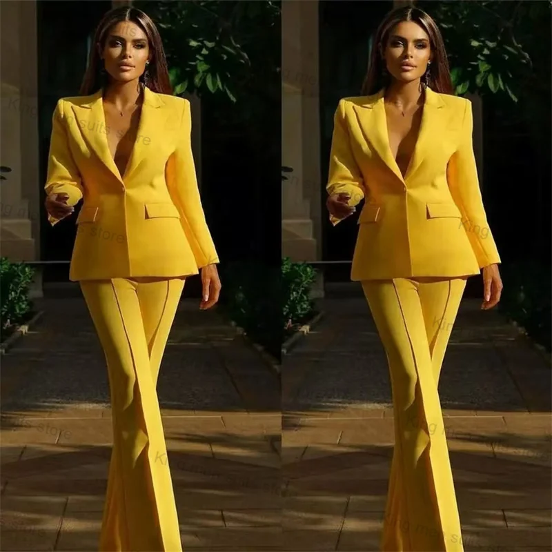 Žlté formálne ženské obleky Panty Set 2 -Piece sako+nohavice Cotton Autumn na mieru vyrobená kancelárska dáma svadobná smokingová bunda Prom Coat